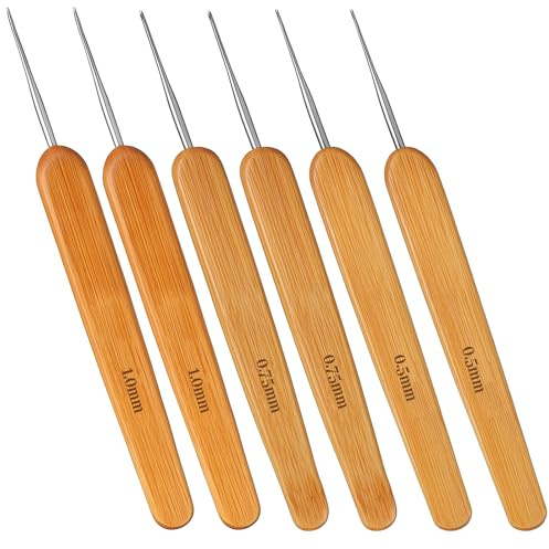 LXUEJIE 6 Stück Häkelnadeln, 0.5mm/0.75mm/1mm Häkelnadeln Kleine mit Bambusgriffen Stricknadel Spitze Crochet Hooks Praktisch Häkelnadel Stricken Nadel für Dreadlocks Zöpfe Perücken Braid Craft