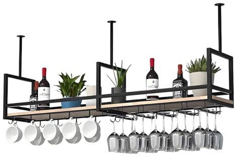 Étagère à vin suspendue au plafond, étagères flottantes métal bouteilles de spiritueux, organiseur de verres à vin, étagère rangement industrielle fer et bois bar, cuisine ou café(Noir,150x30x60cm)