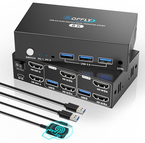 Switch KVM HDMI 2 Monitor 2 Computer 8K 60Hz, Supporta emulatore EDID, 4K 120Hz USB 3.0 Dual Monitor KVM Switch per 2 computer Condividi 2 Monitor e 4 dispositivi USB 3.0, KVM con telecomando cablato
