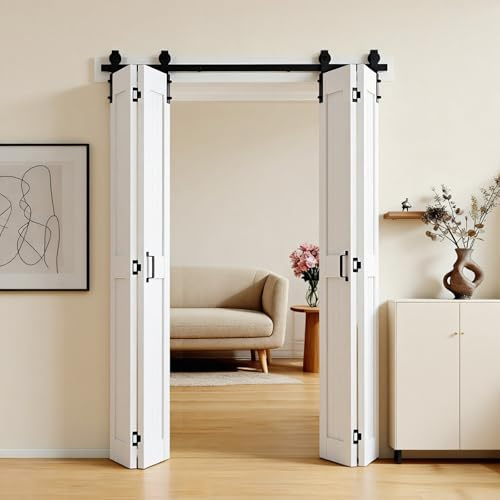 VEVOR Bifold Barn Door, 48 x 84, MDF Bi-Fold Sliding Closet Doors, Header Board and Hardware Kit Included, H-Frame Space-Saving Design, Pre-Assembled Panels, Waterproof & Quiet, White