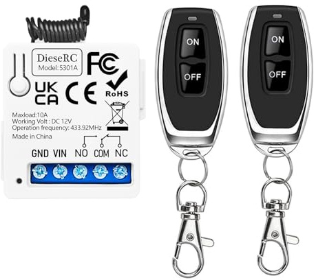 DieseRC 433Mhz Universal DC 12V 1CH Drahtloser Fernbedienung Schalter RF-Relais-Empfängermodul mit 2 Sendern, Für Garagentorsysteme, Ventilatoren und Leuchten