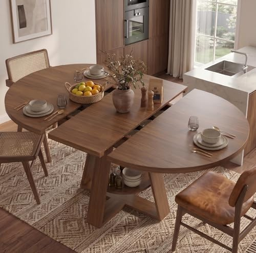 Aislinglen Runder Esstisch Ausziehbar, 100/140x100x75cm Elliptischer Esstisch Holztisch für 2-6 Personen, Holzgestell mit Ablagefläche, Kaffeetisch Tisch für Abendessen Wohnzimmer Esszimmer, Walnuss