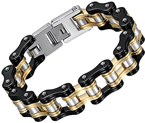 OIDEA Herren Armband Fahrradkette Motorradkette: Silbergold Armkette aus Edelstahl 16MM breit Biker Gliederkette Armreif Armschmuck Punk Rock Handgelenk 22CM Schmuck Geschenk für Männer Jungen