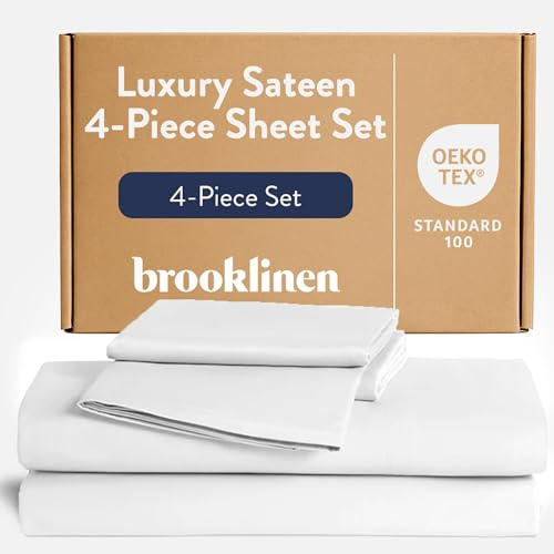 Brooklinen Juego de sábanas de satén de Lujo de 4 Piezas, 100% algodón, tamaño King en Blanco, 1 sábana Bajera, 1 sábana encimera, 2 Fundas de Almohada | Las Mejores sábanas de Lujo