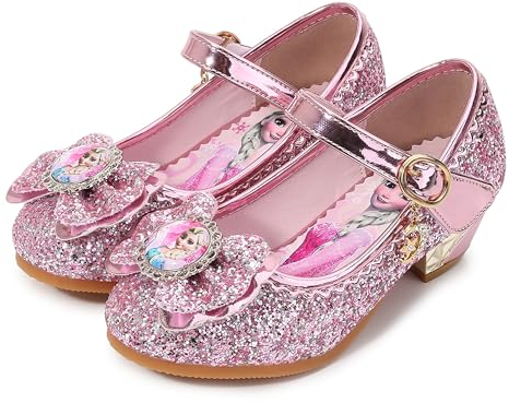 FStory&Winyee Mädchen Prinzessin Sandalen mit Absatz Kinder ELSA Schuhe Partei Glitzer Kristall Mädchen Kostüm Zubehör Karneval Verkleidung Party Aufführung Fasching Tanzball, Pink, 29 EU