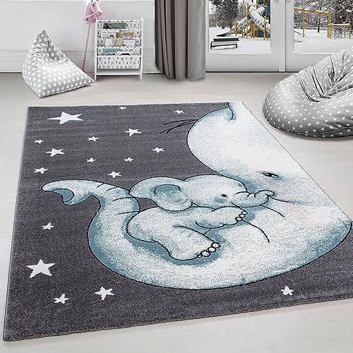 Carpettex Kinderteppich Elefant Design Blau 160 cm Rund - Kurzflor Teppich Kinderzimmer für Mädchen und Jungen Pflegeleicht Weich - Waschbarer Spielteppich Babyteppich Gaming Teppich Babyzimmer
