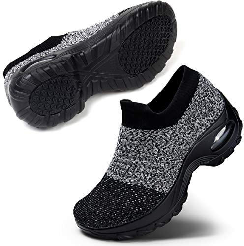STQ Zapatillas de Mujer Deportivas Sin Cordones Zapatos Cómodo Ligero Exterior y Interior Casual Sneakers Gris Negro 35 EU