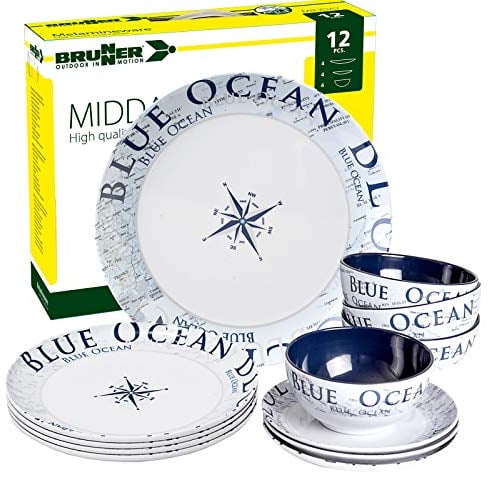Brunner: Melamin-Geschirr Campinggeschirr (Antislip), 4 Personen (12 Teilig), Blue Ocean Midday, Grill Und Picknick