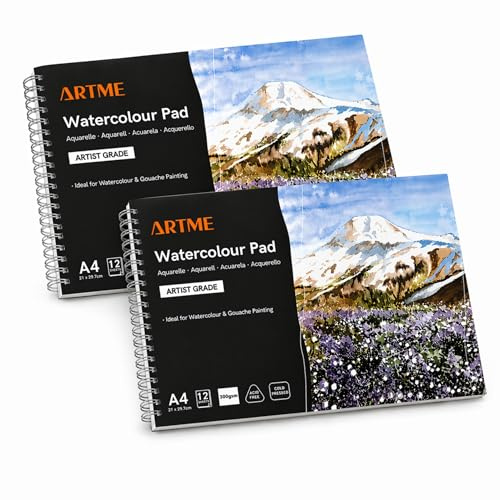 Artme A4 bloc aquarelle 2 pcs paysage 300 gsm 12 feuilles pressé à froid | sans acide double texturé épais papier pour Aquarelle gouache humide techniques croquis et couleur mélange