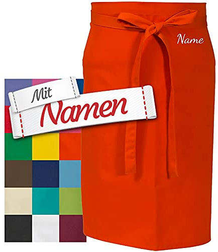 LALALO Vorbinder Schürze mit Name, hochwertig bestickt, Personalisierte Bistroschürze/Kochschürze für Damen und Herren, Malschürze/Schürze zum basteln, kochen, garten oder werken (Orange, 80x100 cm)