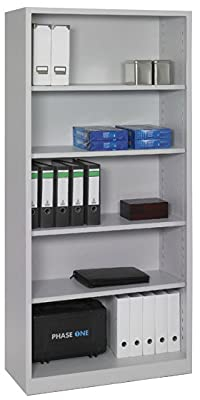 furni24 Stahl Aktenregal, Aktenschrank mit Fächern, fertig montiert, 195x92x42 cm, Metall Schrank fürs Büro und Homeoffice, mit 4 verstellbaren Regalbrettern, Ordnerregal Bücherschrank, Grau