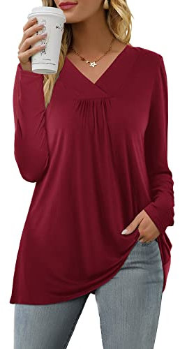 Florboom Womens Casual Tops V-Neck Solid Color Swing Tshirts Burgundy Size 20 22