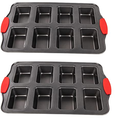 PLAZOTTA Mini-Kastenform mit 8 Mulden, nicht vorrätig mit Silikongriff, Mini-Brotlaib-Backform, Mini-Brownie-Pfanne, Käsekuchenform, rechteckig, 2 Packungen