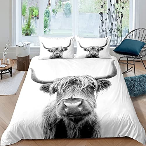 Homewish Hochlandkuh Bettwäsche Set 155x220 | Kinder Erwachsene Mann Waldtiere Trösterbezug Longhorn Bull Rinder Bettbezug Rustikal Wild Life Bettbezug Schlafzimmer Grau