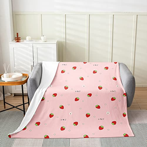 Homewish Rosa Erdbeer-Fleecedecke Ganzjährig Mädchen Kawaii Erdbeer-Überwurfdecke Kinder süße Obst-Flanelldecke für Schlafsofa Couch Dekor Kind kleine Blume Flauschige Decke, 75 x 100