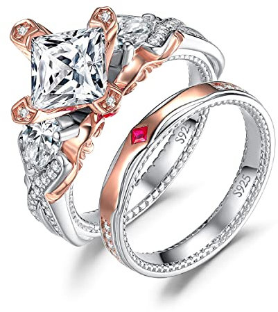 JewelryPalace Vintage X Kreuz Prinzessschliff 1.5ct Zirkonia Promise Ring Damen, Verlobungsring Silber 925 Rosegold Frauen, Krone Flügel Hochzeitsring Erstellt Rubin Trauring Ehering Band Ringe Set 51