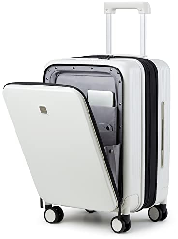 Hanke 45,7 cm (18 Zoll) Handgepäck mit Vordertasche, Aluminiumrahmen (nicht in der Mitte zu öffnen), Hartschalenkoffer mit Rollen, Rollgepäck mit Schloss, Reisegepäck für Weekender, Grauweiß, Carry On