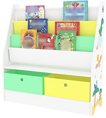 [en.casa] Kinderregal Neda Bücherregal für Kinder mit 3 Ablagefächern Dinosaurier-Motiv Spielzeug Aufbewahrungsregal mit 2 Faltboxen Kinderzimmerregal stehend 74 x 71 x 23 cm Weiß/Grün/Gelb
