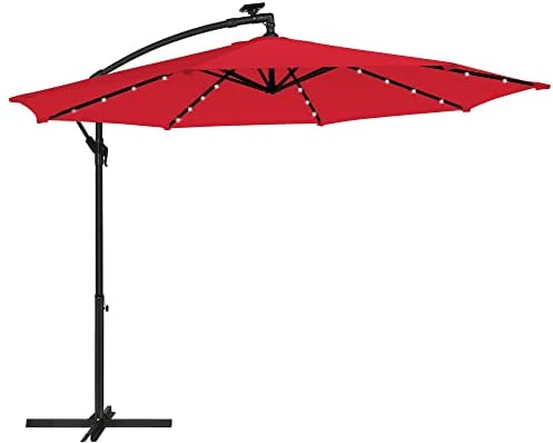 SONGMICS Sonnenschirm mit LED-Solar-Beleuchtung, Ampelschirm 300 cm d, 32 LED-Lämpchen, mit Ständer, Sonnenschutz Balkon, Balkonschirm, UPF 50+, mit Kurbel, für Terrasse, Garten, rot GPU118R01