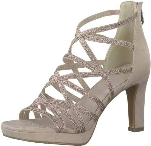 MARCO TOZZI Damen Sandalen mit Absatz Glitzer Vegan, Beige (Powder Comb), 39 EU
