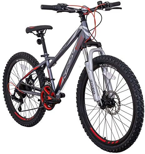 KRON Vortex 4.0 Kinder Mountain Bike 24 Zoll ab 8 Jahre | MTB Fahrrad 21 Gang, Scheibenbremse 13 Zoll Rahmen, Grau Schwarz Rot
