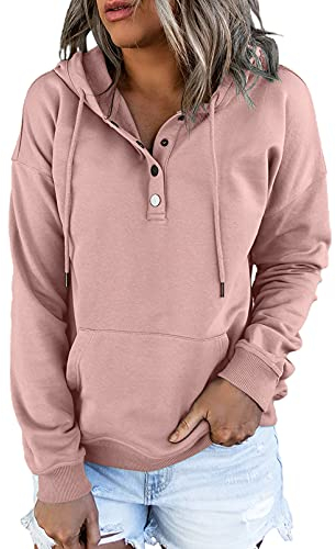 Dokotoo Kapuzenpullover Damen Knopfleiste Hoodie Pullover Langarm Herbst Winter Sweatshirt Oberteile Pulli, rosa, XL