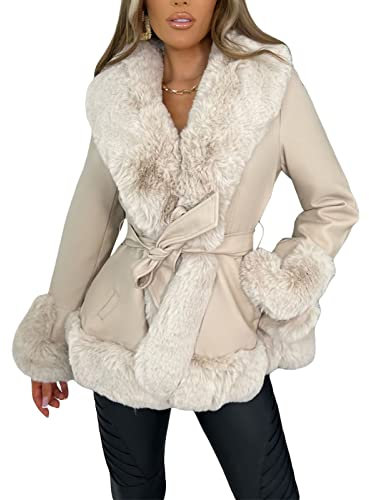 FeMereina Chaqueta de piel sintética para mujer, abrigo corto con cuello de piel, frente abierto, cuello de felpa, cárdigan cálido con cinturón, ropa exterior, beige, M