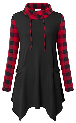 Amrto Damen Tunika Longpullover Turtleneck Langarm Shirts Bluse Casual Pullover Mit Taschen Lange Sweatshirt mit Asymetrischem Saum