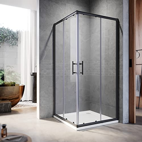 ELEGANT 760 x 760 mm Black Sliding Corner Entry Shower Enclosure 6mm Extra Toughened Safety Glass Sliding Cubicle Door with Tray