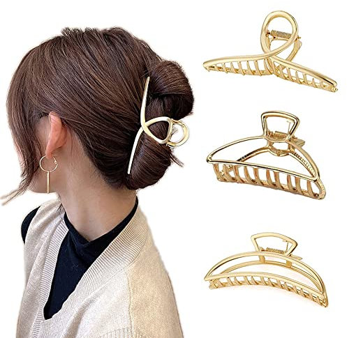 3 Pcs Hair Clips Large Metal Hair Claw Clips Golden Hollow Non-slip Hair Claw Parsimonious Hair Barrettes for Women and Girls Thin Thick Hair