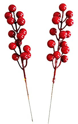 30 steli artificiali di bacche rosse, bacche rosse natalizie, rami di agrifoglio, per decorazioni natalizie, feste, 20 cm, professionali e alla moda