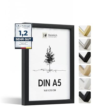 Heimlich® - Bilderrahmen - A5 14,8x21 cm, Ayous-Holz, Schwarz, Diplom-Poster-Collage-Rahmen mit Folienabdeckung - Wandmontage oder Tischaufsteller