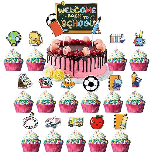 31 Stück Back to School Tortendeko 14 Designs Welcome Back to School Cupcake Toppers School Bus Alarm Clock School Bag Kuchen Deko für Zurück zu Schule Thema Party Cupcake Dekorationen