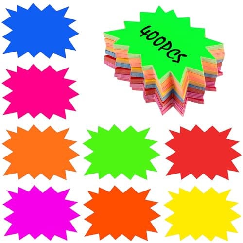 HMIEPRS Etiquetas de Precio Fluorescentes Signos, 8 Colores Precio al por Menor Etiquetas, Starburst Etiqueta de Venta Signos, Papel Descuento Venta Etiqueta para Tienda Supermercado (400)