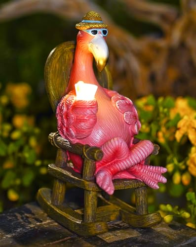 Yeomoo Rosa Flamingo Gartenfiguren Solar Gartendeko für Draußen: Lustige Flamingo Trinken auf dem Schaukelstuhl Deko für Wohnzimmer Garten Geschenke für Frauen Mama Geburtstagsgeschenk Balkon 21CM