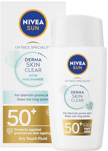 NIVEA SUN Derma Skin Clear SPF50+ (40ml), Face Sunscreen with Anti-Blemish Complex and Niacinamide, Protects Against UVA/UVB Rays and Premature Skin Ageing