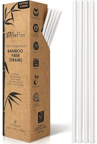 EcoPreps Extra-Long Biodegradable Bamboo Fiber Straws | 100 Count, 100% Compostable, Plastic-Free, Eco-Friendly Drinking Straws | 10'' Plant Fiber Disposable Straws, Jumbo Straws for Hot & Cold Drinks