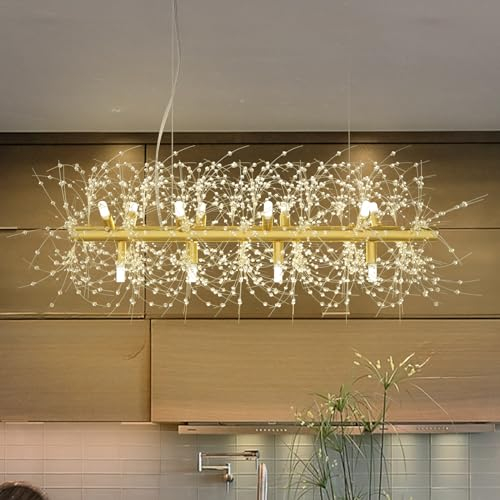Depuley Modern Kronleuchter Kristall, 90cm Pendelleuchte Gold, LED Kristall Hängelampe Feuerwerk, Löwenzahn Pendellampe 12xG9 Lichter für Esszimmer, Schlafzimmer, Restaurant(Inklusive G9 Glühbirnen)