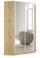 Rauch Möbel NIDDA, Eckschrank, Farbe Weiß/Eiche Artisan, Breite 117 cm | Eckkleiderschrank, 2-türig, mit Spiegel, Zubehör Basic, für Schlafzimmer, Kinderzimmer, Hauswirtschaftsraum, Garderobe, Flur