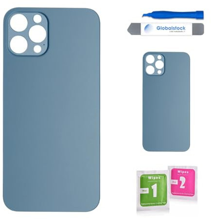Globalstock Vitre arrière de Cache Batterie Remplacement - Coque Cache Batterie Compatible pour iPhone 12 Pro Bleu + adhésif et Kit Outils