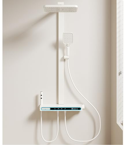 MocArt Regendusche Duschsystem mit Thermostat, wassersparendes Duschsystem mit 5 Funktion, ABS Kopfbrause 30x20CM, Duschkopf mit 3 Strahlarten, Rückenmassagespray (Milchiges Weiß)