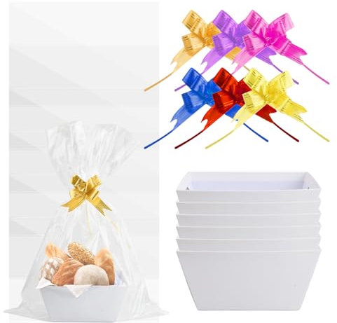 6 Pcs Cesta Regalo, 25x20x11,5cm, Cestas para Regalos Vacias con 6 Bolsas Transparentes y 6 Lazos, Caja Regalo Kraft, Canasta de Regalo con Asas, Bandeja Carton Cumpleaños Fiesta Favor (Blanco)