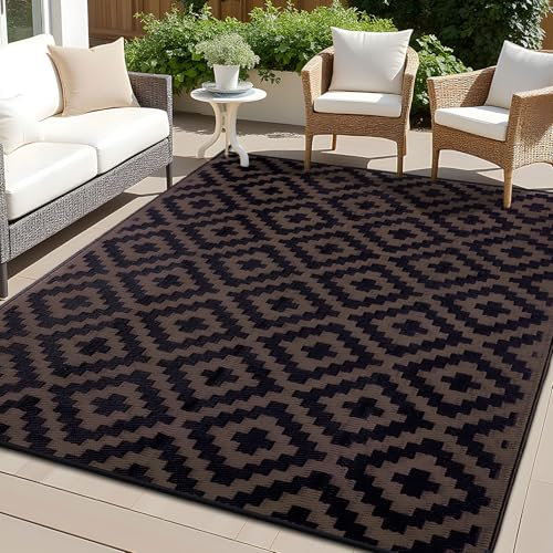 OLANLY Waterproof Outdoor Rug 9x18 ft, Outdoor Plastic Straw Rug for Camping, RV Mat Outside, Outdoor Carpet for Porch, Deck, Backyard, Balcony, Picnic, Black & Brown