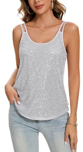 MINTLIMIT Tank Tops für Damen Glitzer Pailletten Tunika Ärmellos Spaghettiträger Bluse Läsiges Oberteil (Silbrig S)