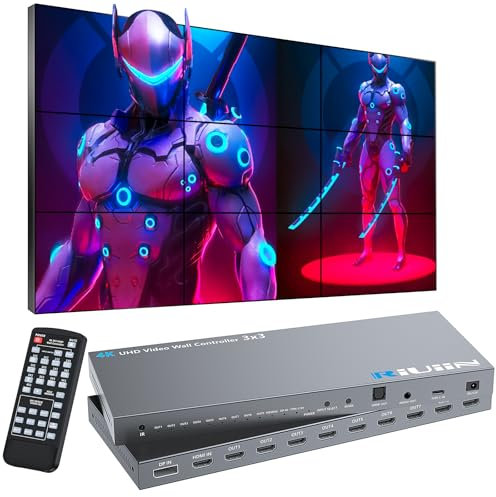 RIUIIN 4K Video Wall Controller 3x3, HDMI/USB-C/DP Input, Schwarz, für Fernsehen und Monitor, mit Audio und IR Remote