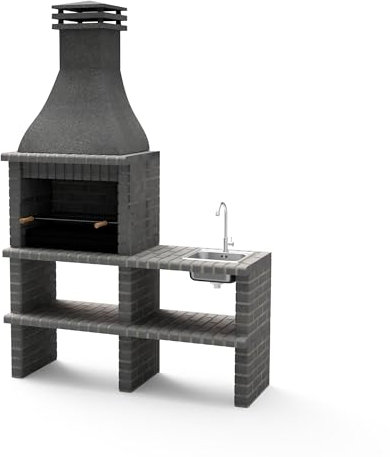 MOVELAR - Barbacoa de Obra Prefabricada Modelo KHIVA PLUS CON SOPORTE LATERAL COMPLETO CON FREGADERO Y GRIFO Y PARRILLA (Gris oscuro - 164 x 58 x 246 cm) REF: M01026 - Uso en Exteriores