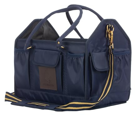 Equinavia Darby Large Collapsible Grooming Tote Bag for Horses, Dogs, Cats | Organizer with Shoulder Strap | 9 x 13 x 12 - Navy/Gold - One Size