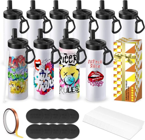 Pack de 10 gobelets droits en acier inoxydable de 20 oz, blancs, pour impression par sublimation, incluant pailles en métal et couvercles, compatibles avec les machines de presse à chaud pour gobelets