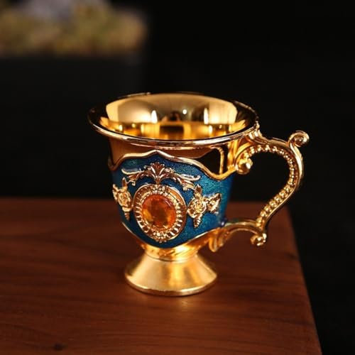 Taza de té artesanal de metal antiguo, boca lisa, diseño de flores blancas plateadas y azules (orquídea dorada)