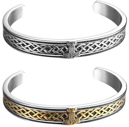 JewelryWe Wikinger Mjolnir Armreif Herren: 2er Set Edelstahl Nordisch Thors Hammer Offen Verstellbar Manschette Armband Armspange mit Keltischen Knoten Triquetra Vintage Amulett Schmuck Geschenk